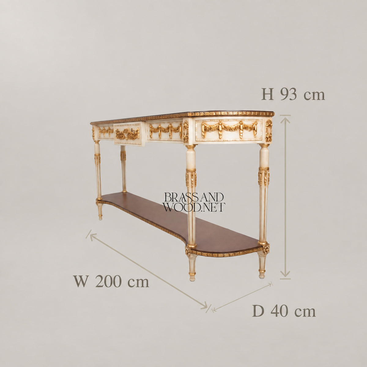 Louis XVI Neoclassical Off-White Gilded Console Table with Garland Carvings Lower Shelf and Dark Wood Top View 4 | Brass & Wood