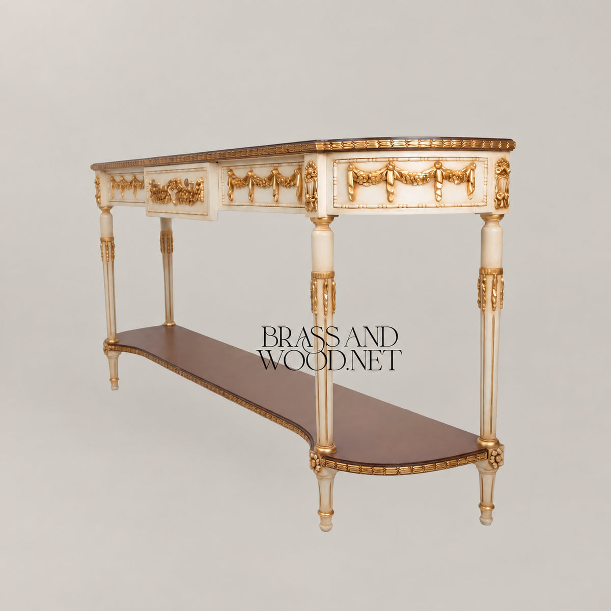 Louis XVI Neoclassical Off-White Gilded Console Table with Garland Carvings Lower Shelf and Dark Wood Top View 5 | Brass & Wood