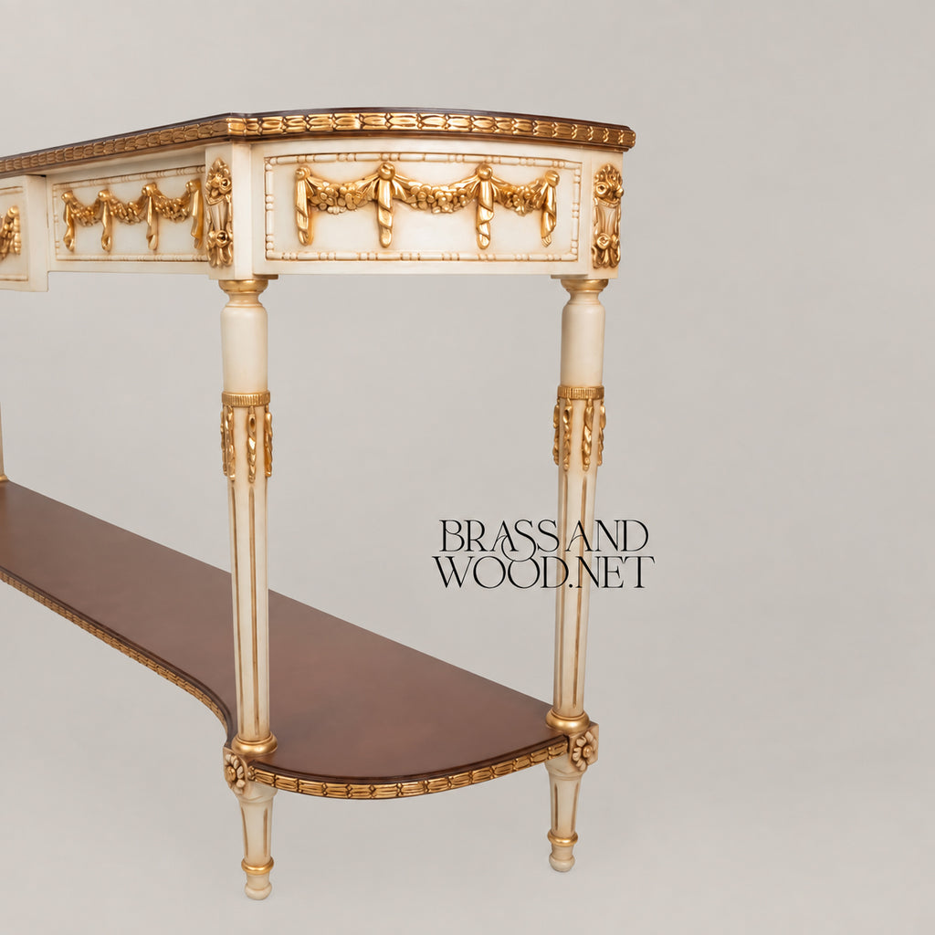 Louis XVI Neoclassical Off-White Gilded Console Table with Garland Carvings Lower Shelf and Dark Wood Top View 6 | Brass & Wood