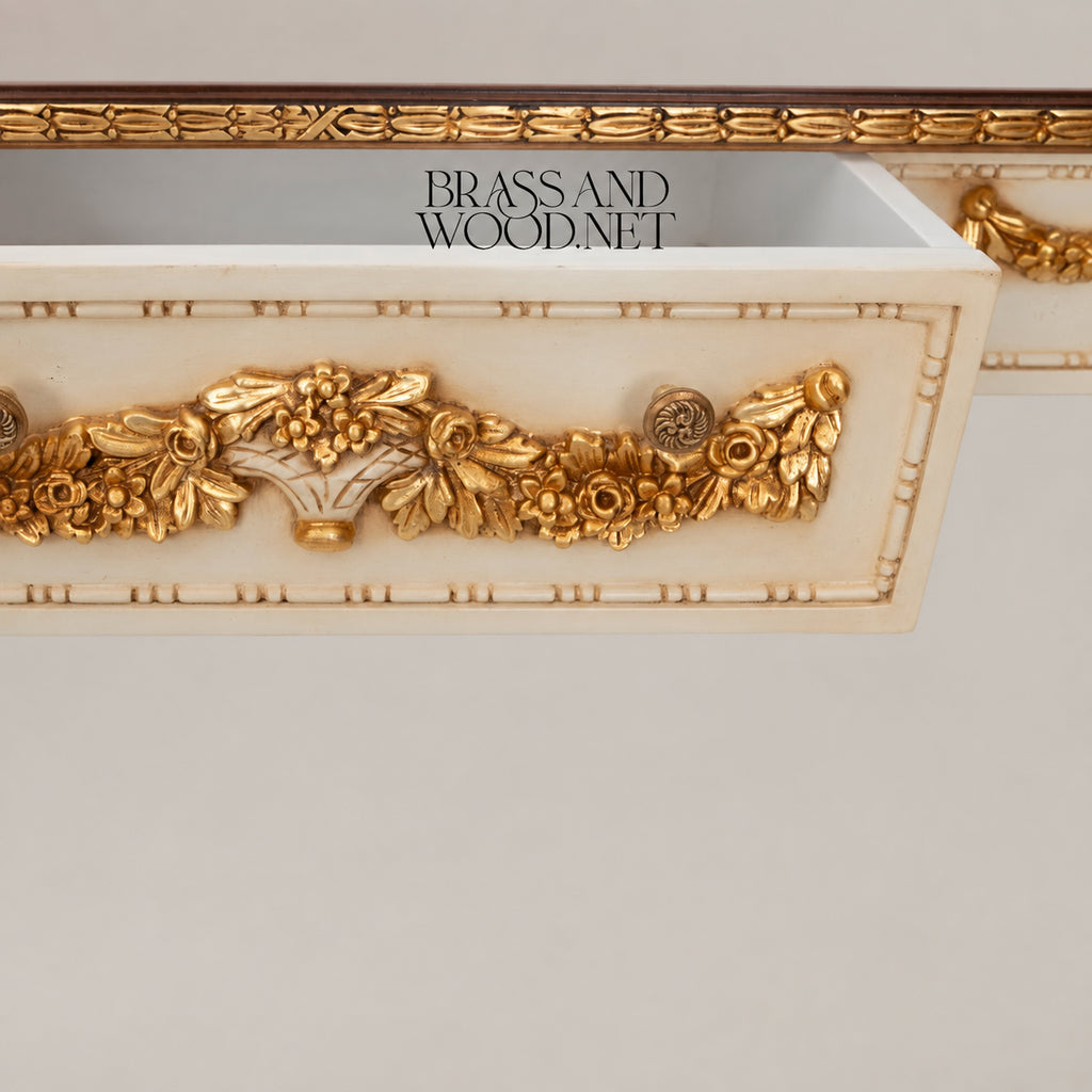Louis XVI Neoclassical Off-White Gilded Console Table with Garland Carvings Lower Shelf and Dark Wood Top View 7 | Brass & Wood
