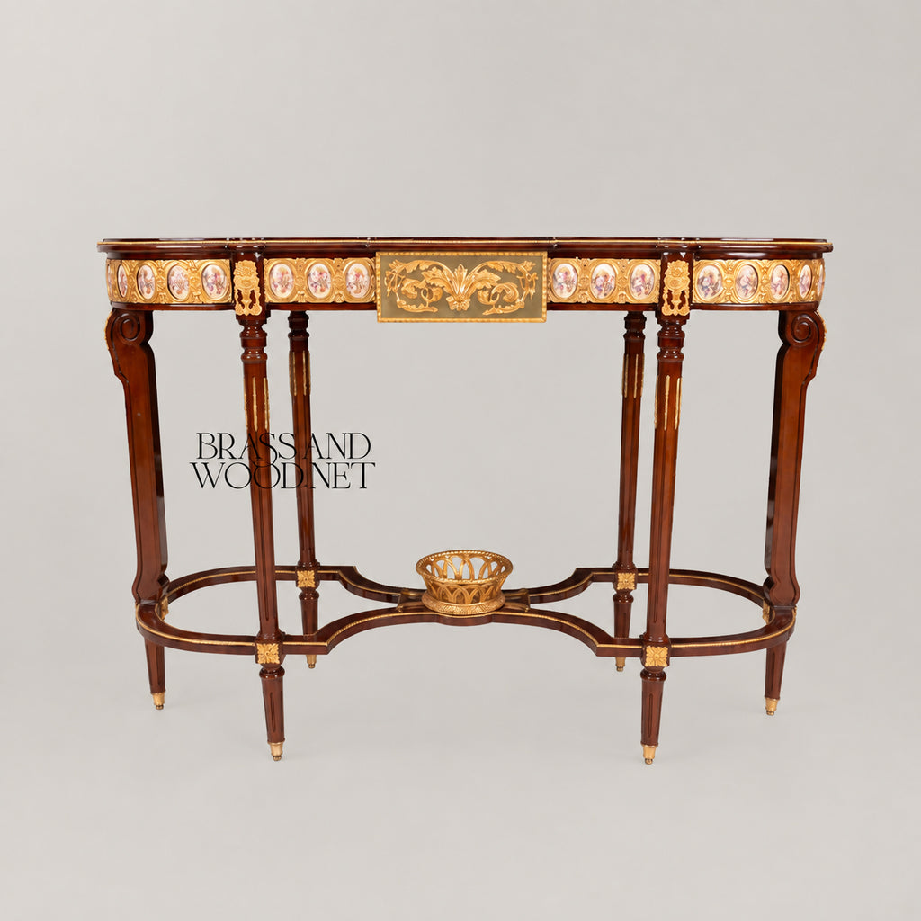Louis XVI Neoclassical Oval Console Table Porcelain Medallions Marquetry Top Six Fluted Legs Gilt Ormolu Basket Stretcher Main View | Brass & Wood