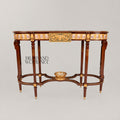 Louis XVI Neoclassical Oval Console Table Porcelain Medallions Marquetry Top Six Fluted Legs Gilt Ormolu Basket Stretcher Main View | Brass & Wood