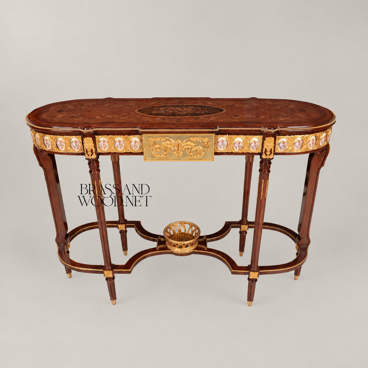Louis XVI Neoclassical Oval Console Table Porcelain Medallions Marquetry Top Six Fluted Legs Gilt Ormolu Basket Stretcher View 2 | Brass & Wood