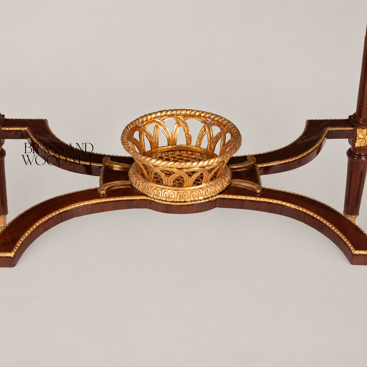 Louis XVI Neoclassical Oval Console Table Porcelain Medallions Marquetry Top Six Fluted Legs Gilt Ormolu Basket Stretcher View 3 | Brass & Wood