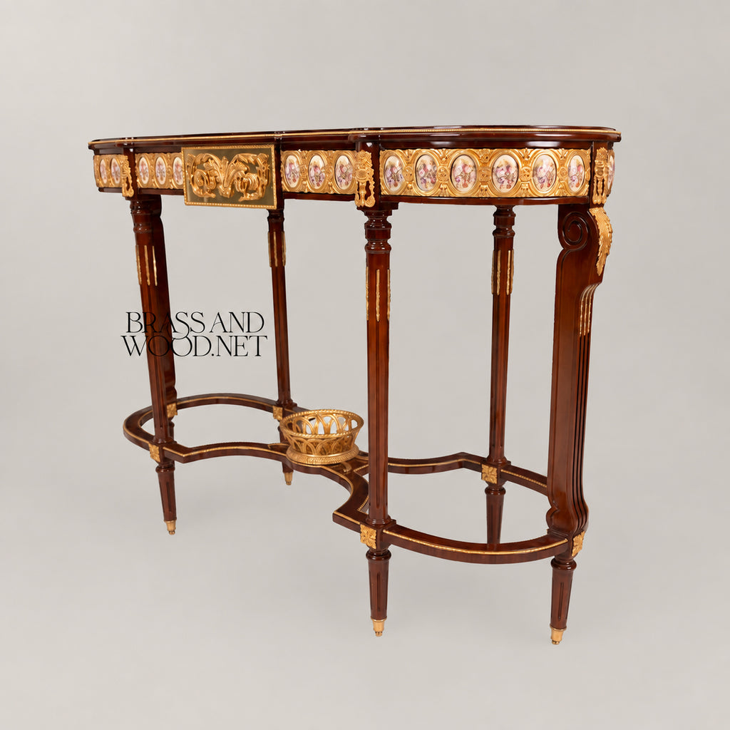 Louis XVI Neoclassical Oval Console Table Porcelain Medallions Marquetry Top Six Fluted Legs Gilt Ormolu Basket Stretcher View 4 | Brass & Wood
