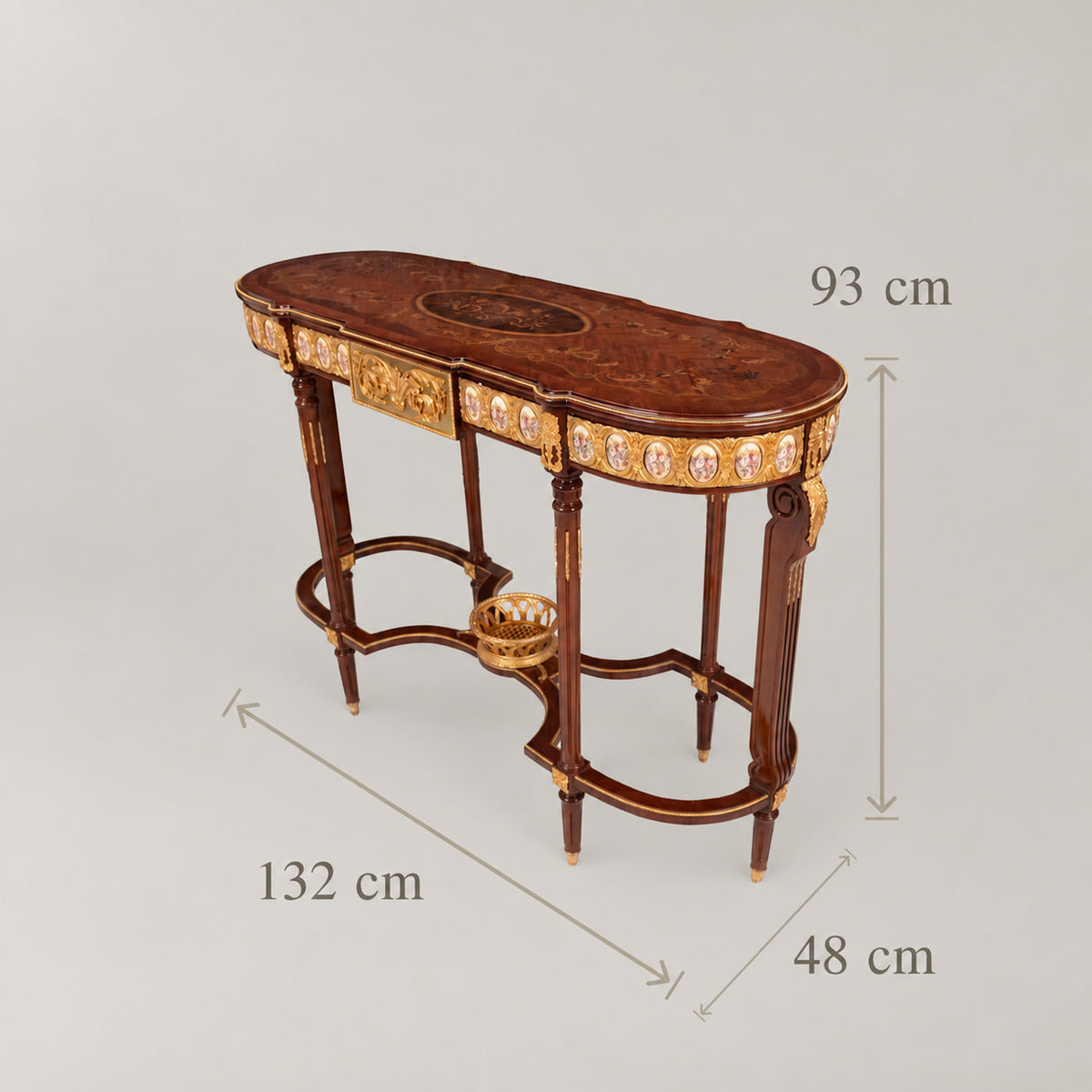 Louis XVI Neoclassical Oval Console Table Porcelain Medallions Marquetry Top Six Fluted Legs Gilt Ormolu Basket Stretcher View 5 | Brass & Wood