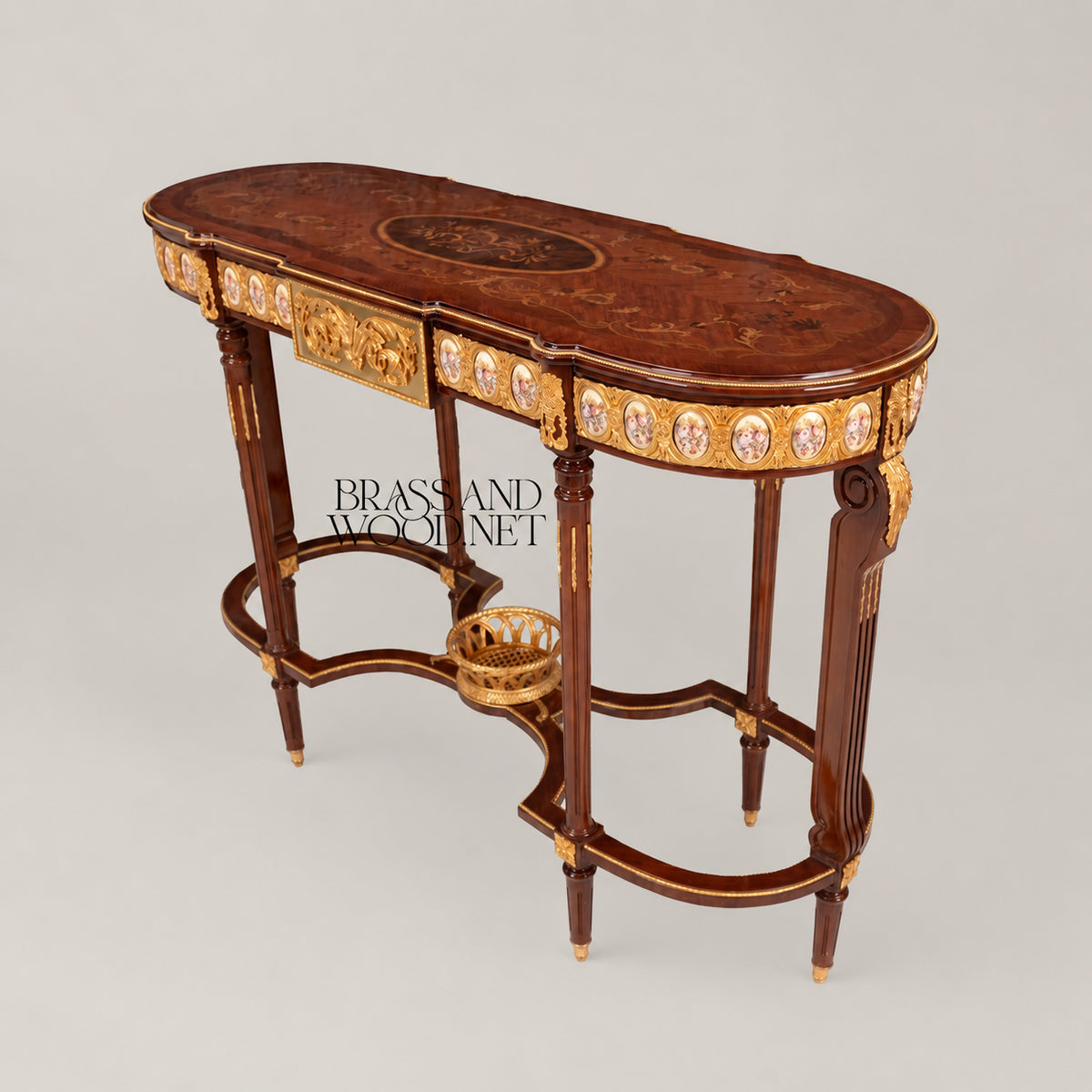 Louis XVI Neoclassical Oval Console Table Porcelain Medallions Marquetry Top Six Fluted Legs Gilt Ormolu Basket Stretcher View 6 | Brass & Wood