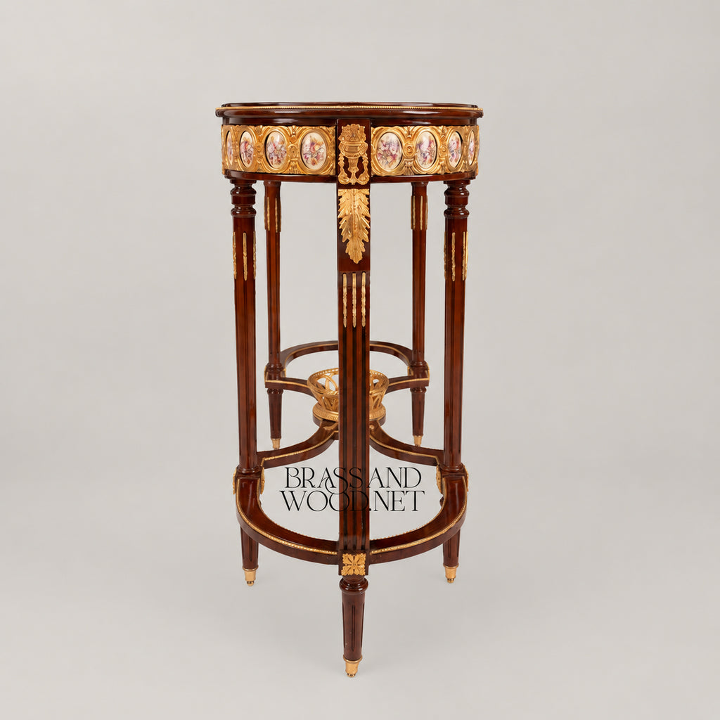 Louis XVI Neoclassical Oval Console Table Porcelain Medallions Marquetry Top Six Fluted Legs Gilt Ormolu Basket Stretcher View 7 | Brass & Wood