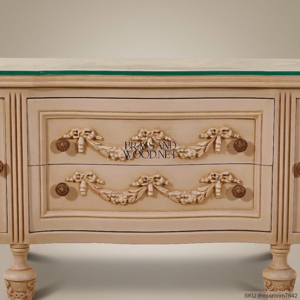 Louis XVI Neoclassical Ivory Lacquer Buffet with Gilt Brass Garland Hardware