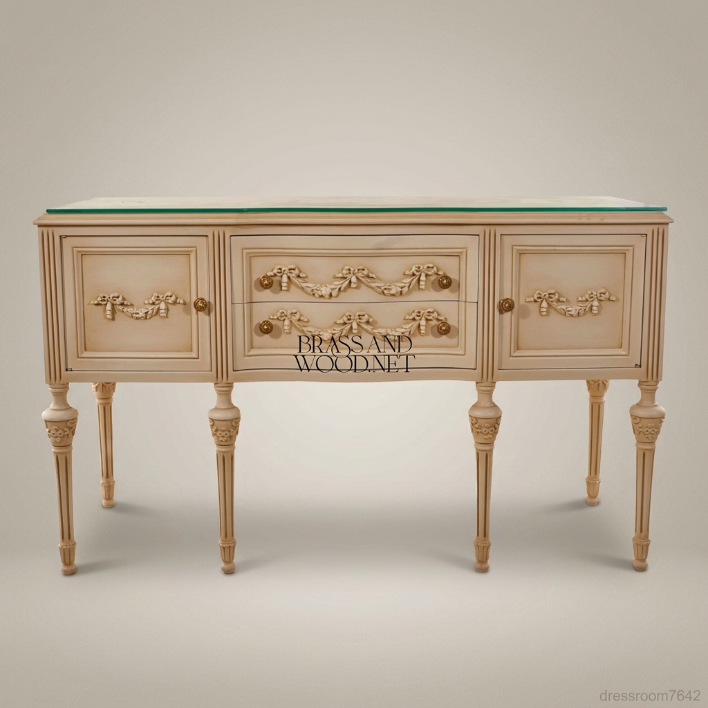 Louis XVI Neoclassical Ivory Lacquer Buffet with Gilt Brass Garland Hardware