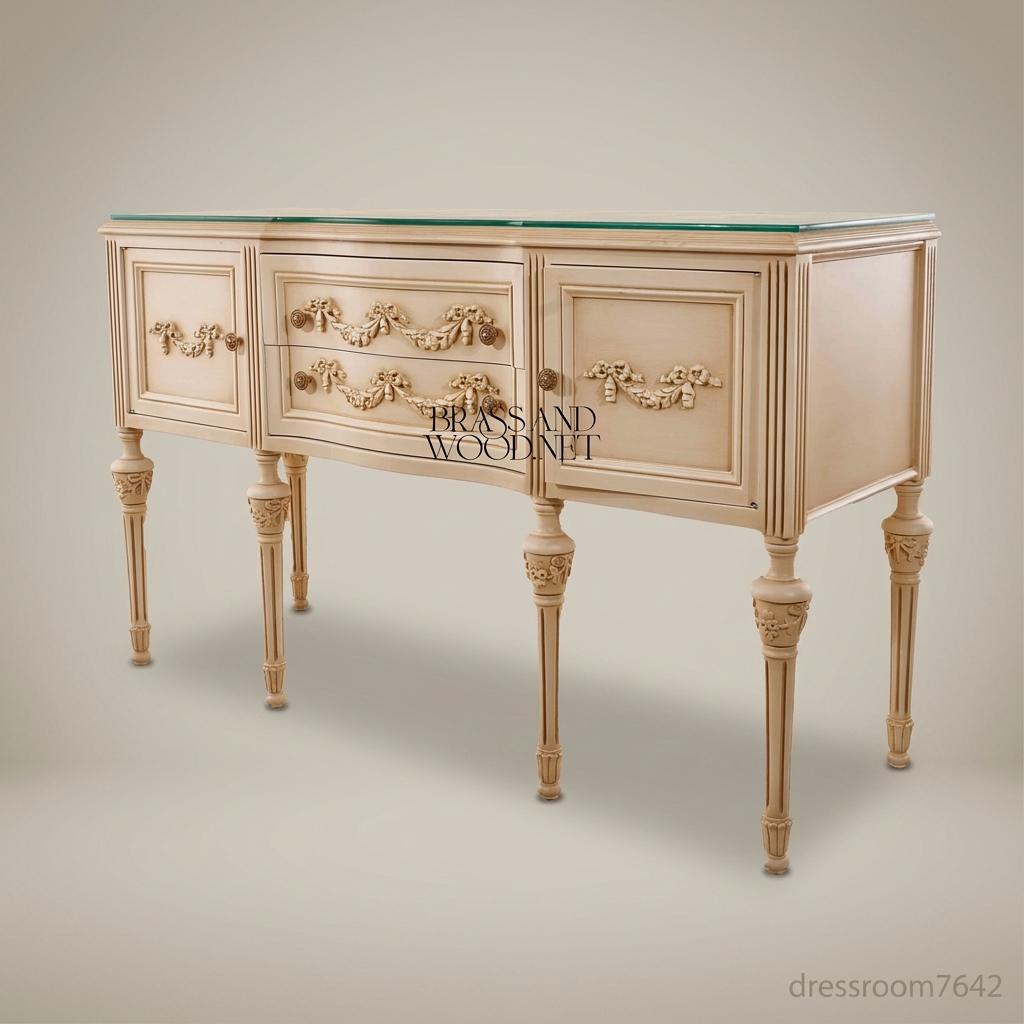 Louis XVI Neoclassical Ivory Lacquer Buffet with Gilt Brass Garland Hardware