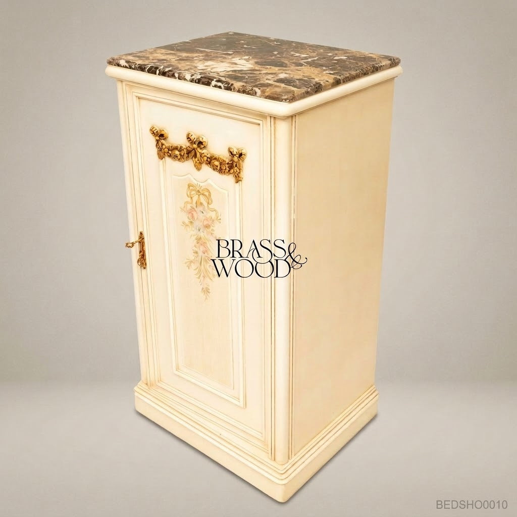 Louis XVI Neoclassical Painted Nightstand with Marble Top & Gilt Bronze Mounts
