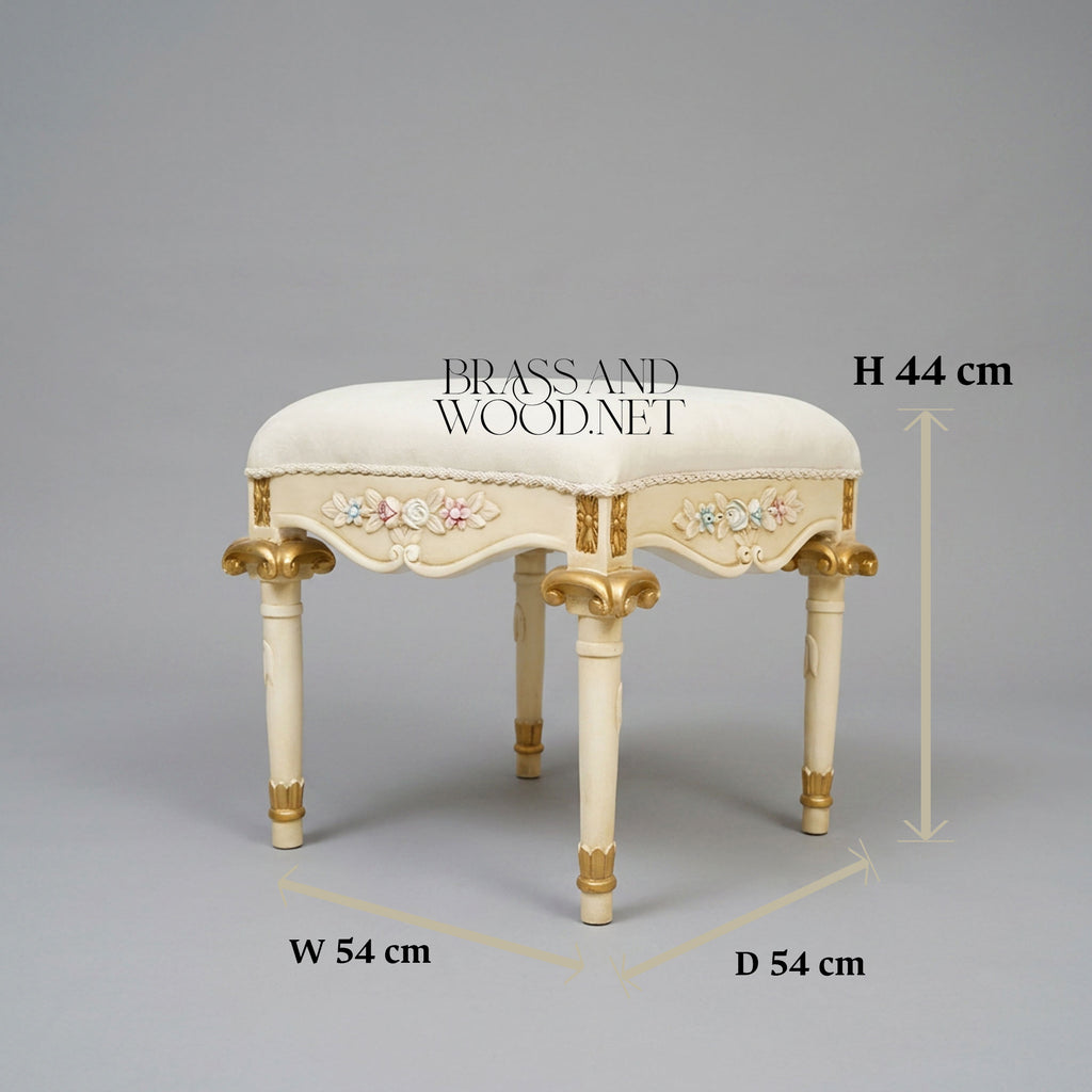 Louis XVI Neoclassical Painted Vanity Stool - Ivory & Gold with Polychrome Floral Relief