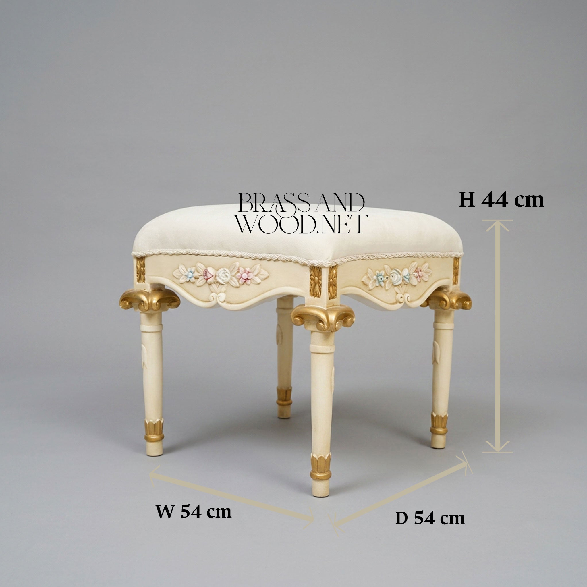 Louis XVI Neoclassical Painted Vanity Stool - Ivory & Gold with Polychrome Floral Relief