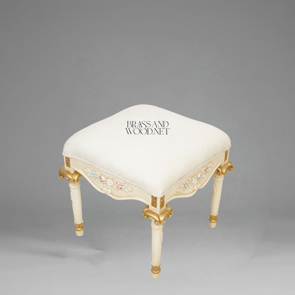 Louis XVI Neoclassical Painted Vanity Stool - Ivory & Gold with Polychrome Floral Relief