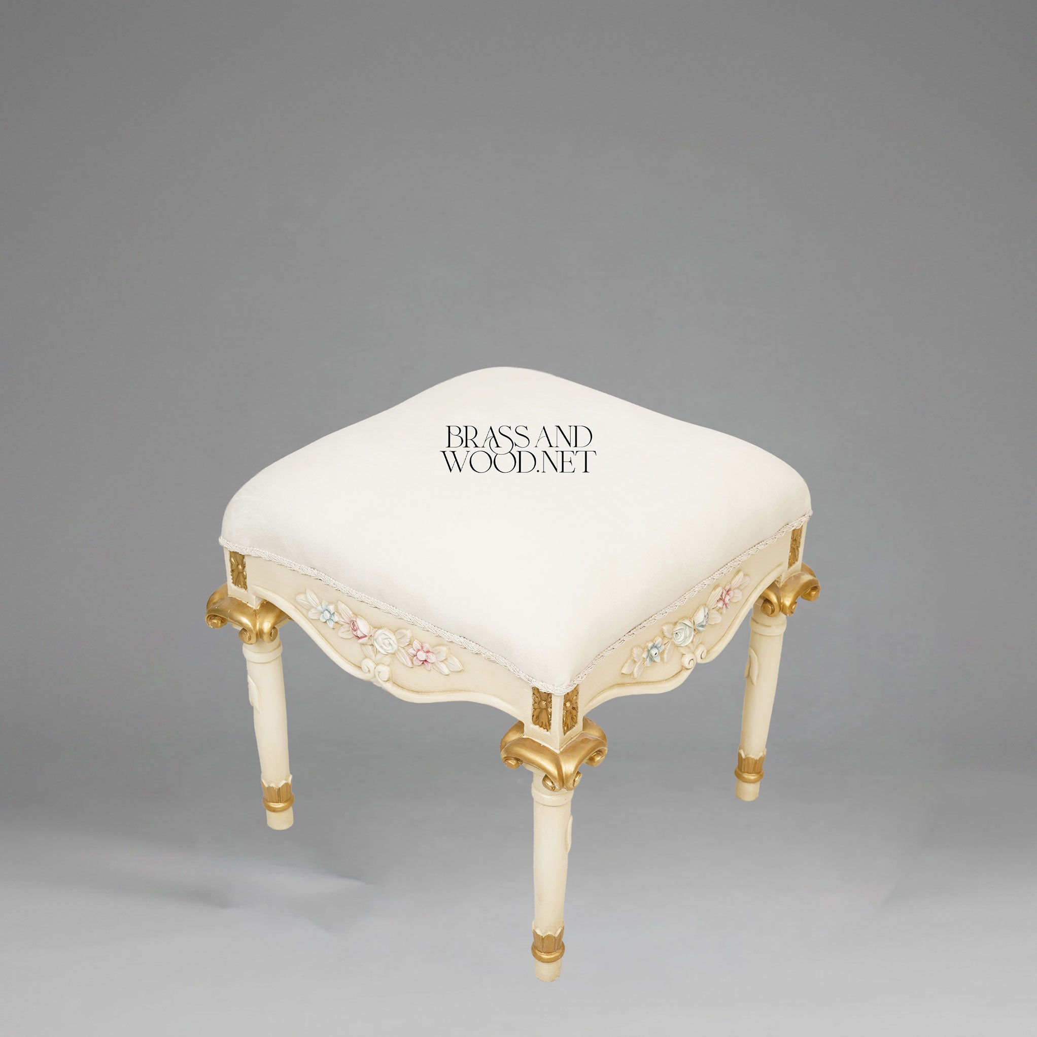 Louis XVI Neoclassical Painted Vanity Stool - Ivory & Gold with Polychrome Floral Relief