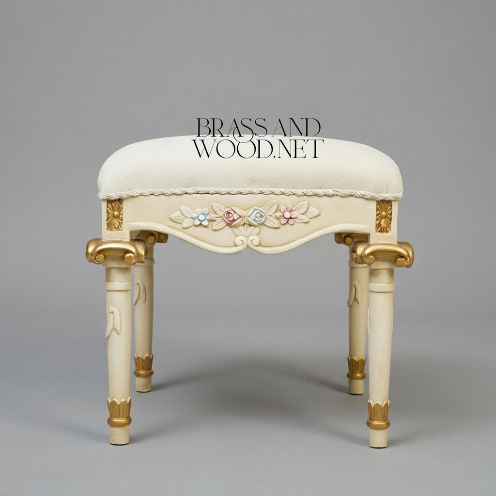 Louis XVI Neoclassical Painted Vanity Stool - Ivory & Gold with Polychrome Floral Relief