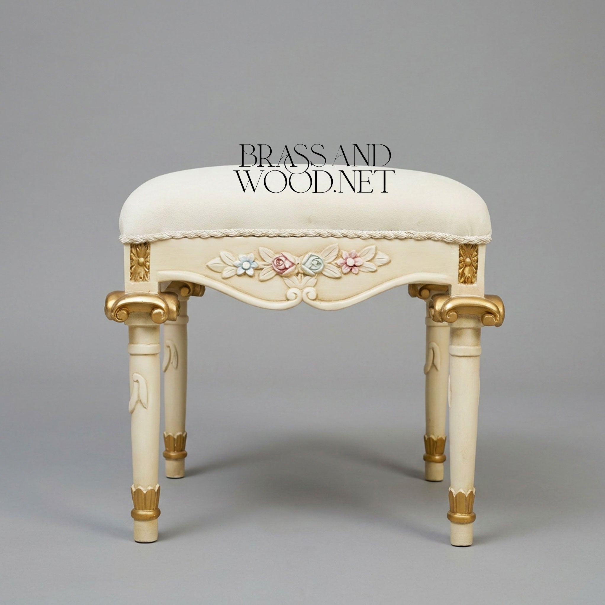 Louis XVI Neoclassical Painted Vanity Stool - Ivory & Gold with Polychrome Floral Relief