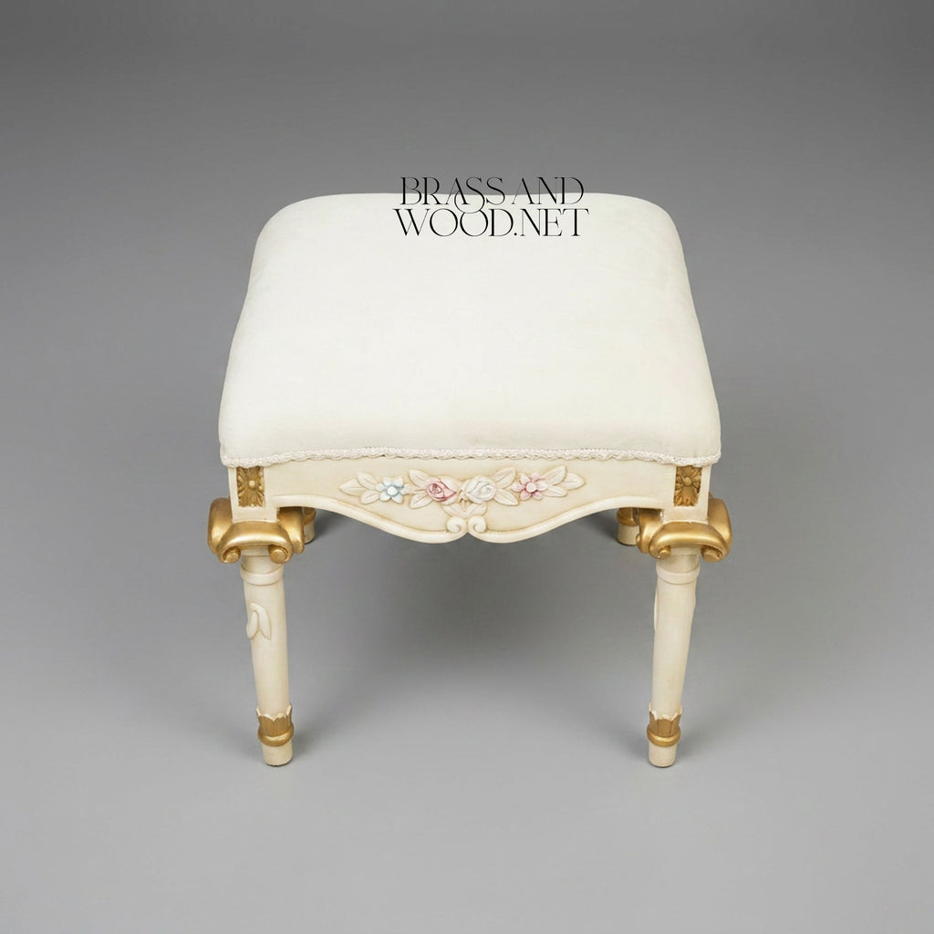 Louis XVI Neoclassical Painted Vanity Stool - Ivory & Gold with Polychrome Floral Relief
