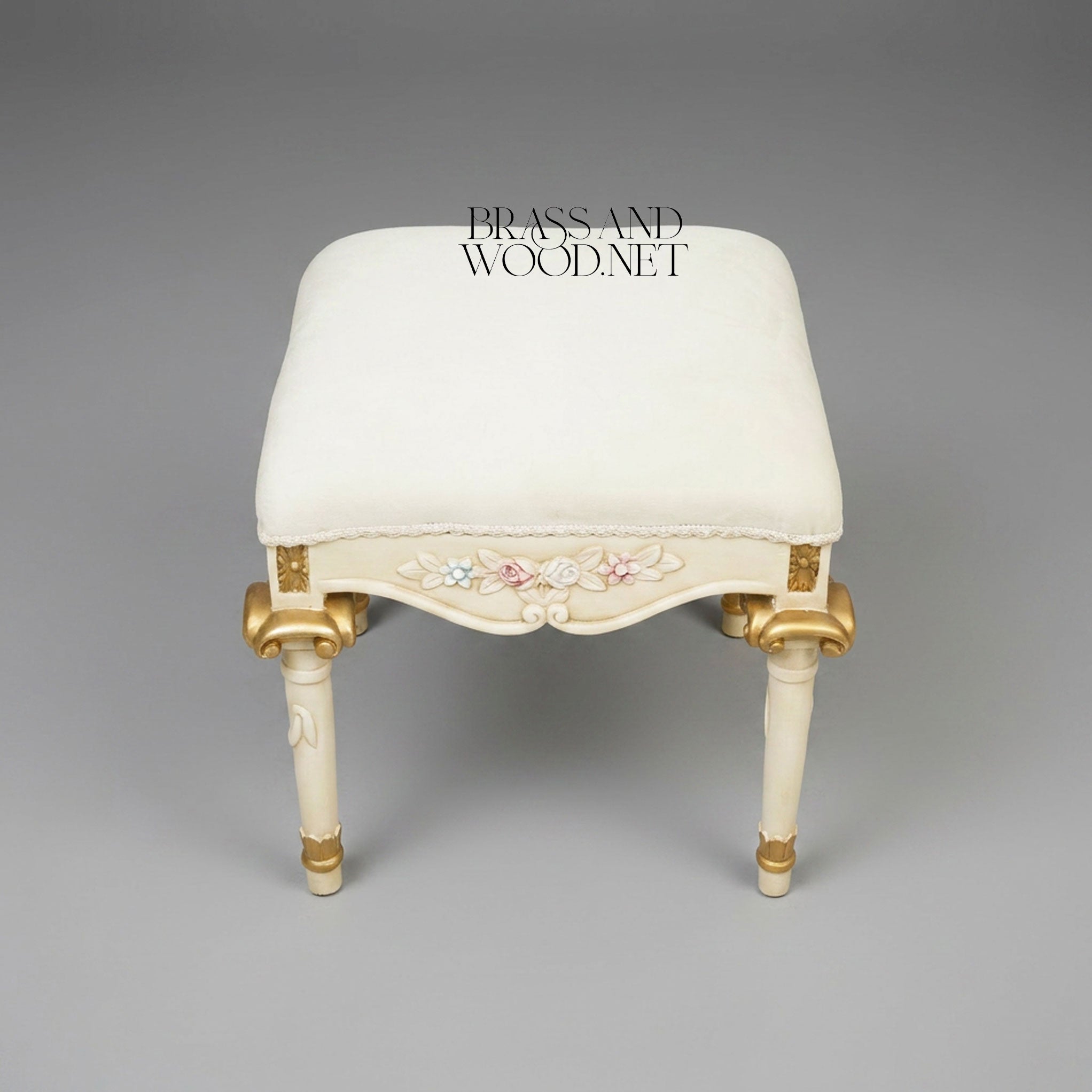 Louis XVI Neoclassical Painted Vanity Stool - Ivory & Gold with Polychrome Floral Relief