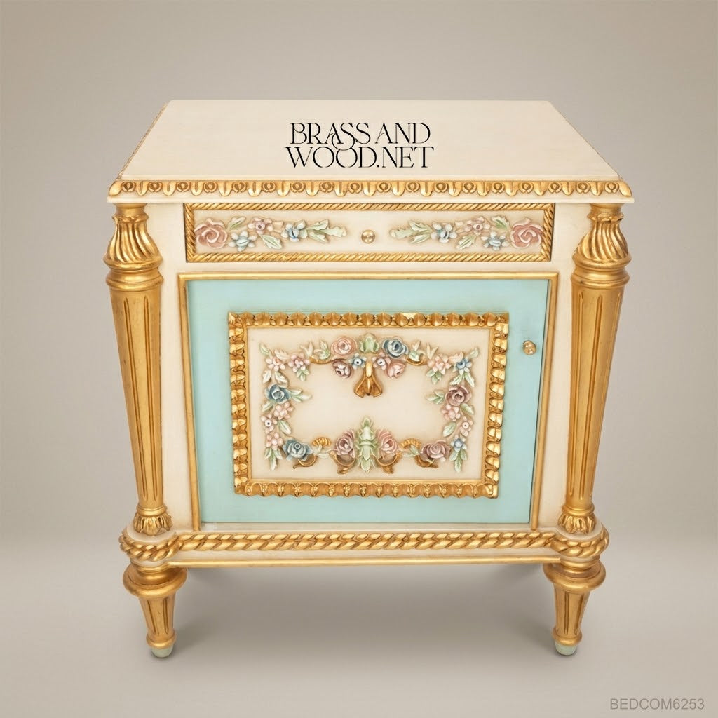 Louis XVI Neoclassical Polychrome Floral Nightstand with Gilt Rope Molding