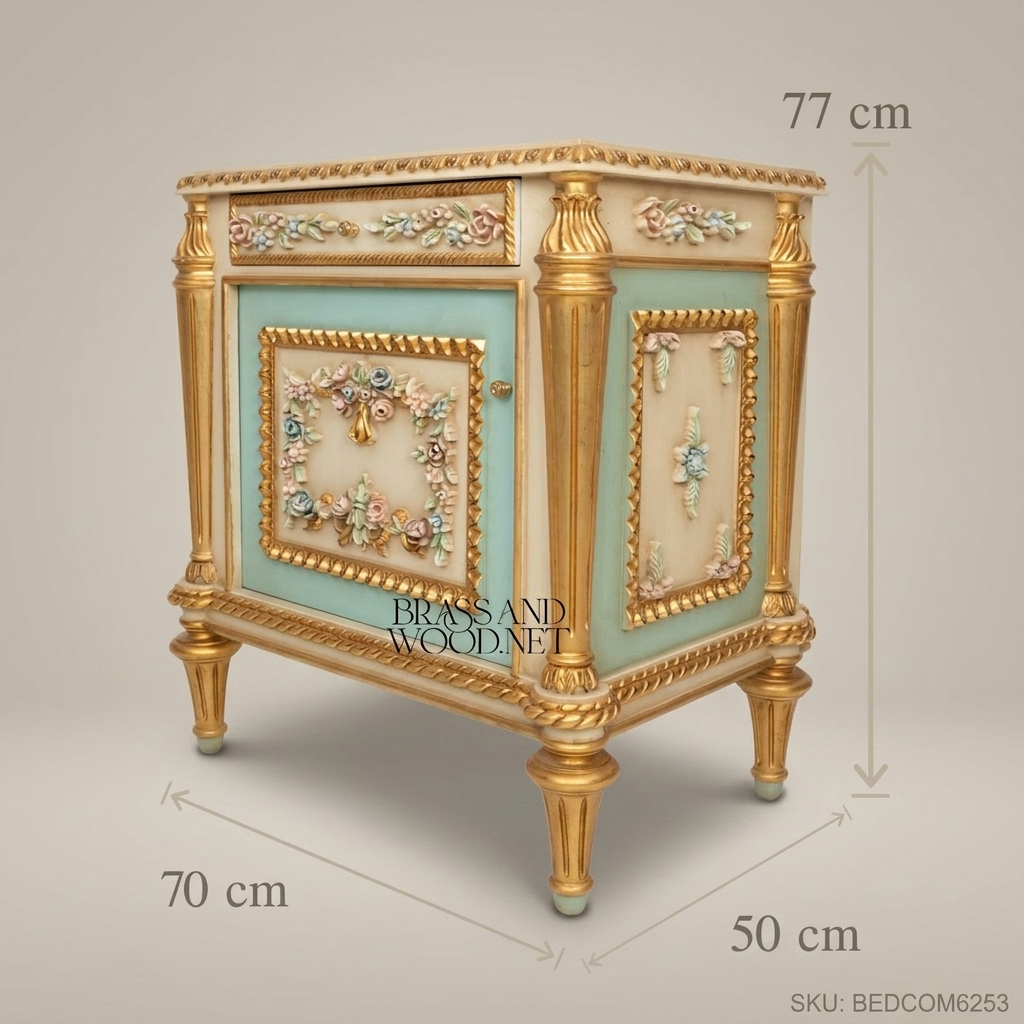 Louis XVI Neoclassical Polychrome Floral Nightstand with Gilt Rope Molding