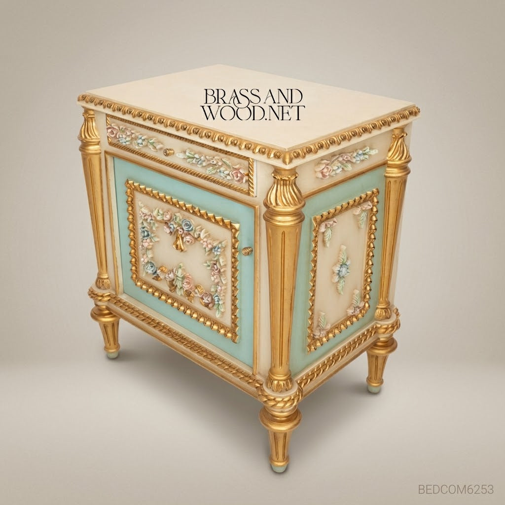 Louis XVI Neoclassical Polychrome Floral Nightstand with Gilt Rope Molding