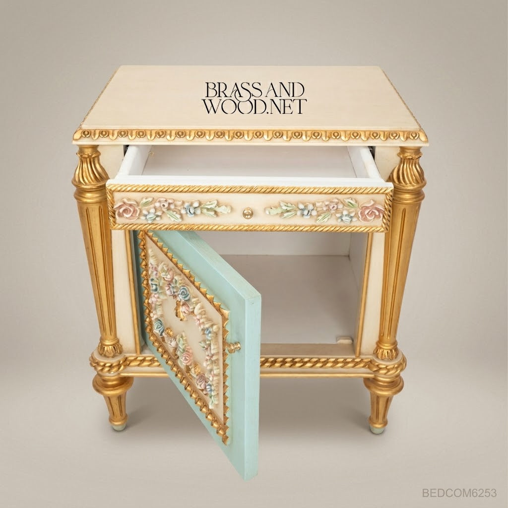 Louis XVI Neoclassical Polychrome Floral Nightstand with Gilt Rope Molding