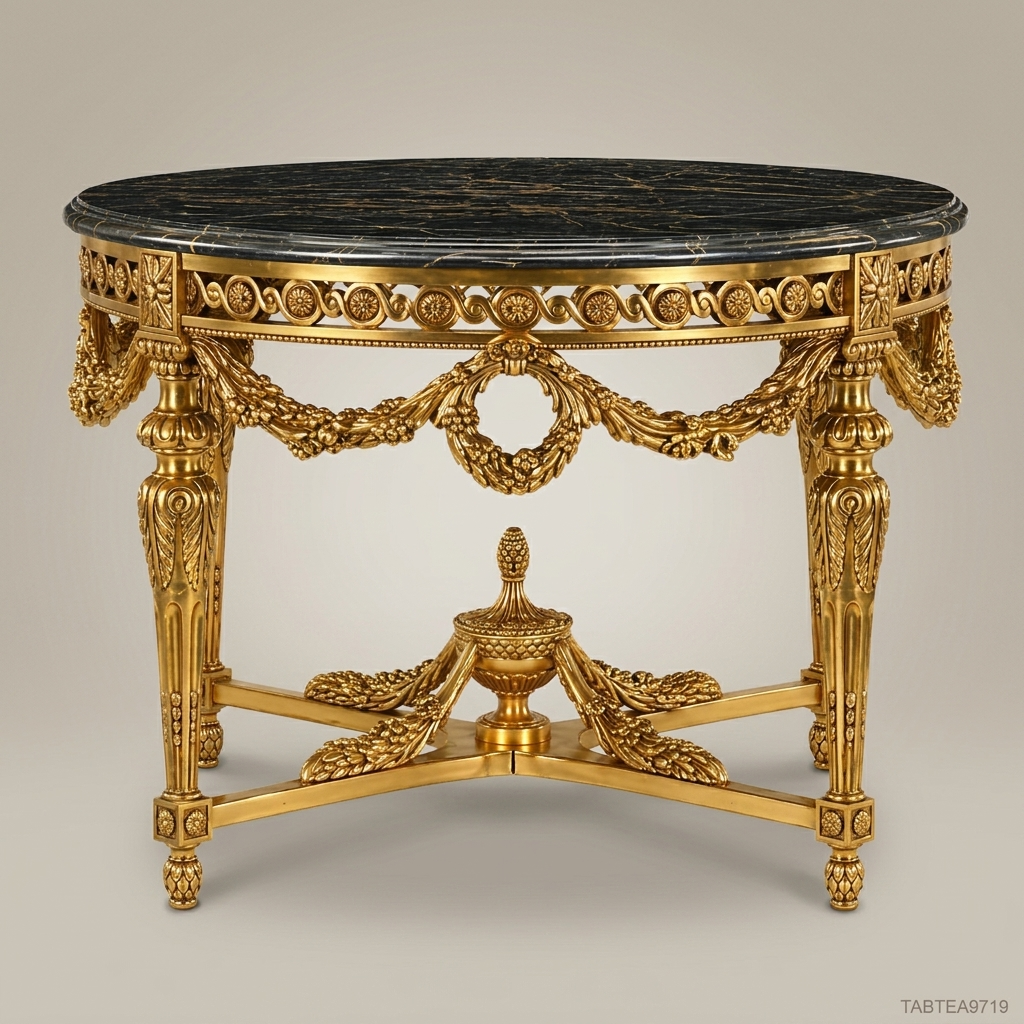 Louis XVI Neoclassical Round Centre Table – Gold Leaf & Portoro Marble