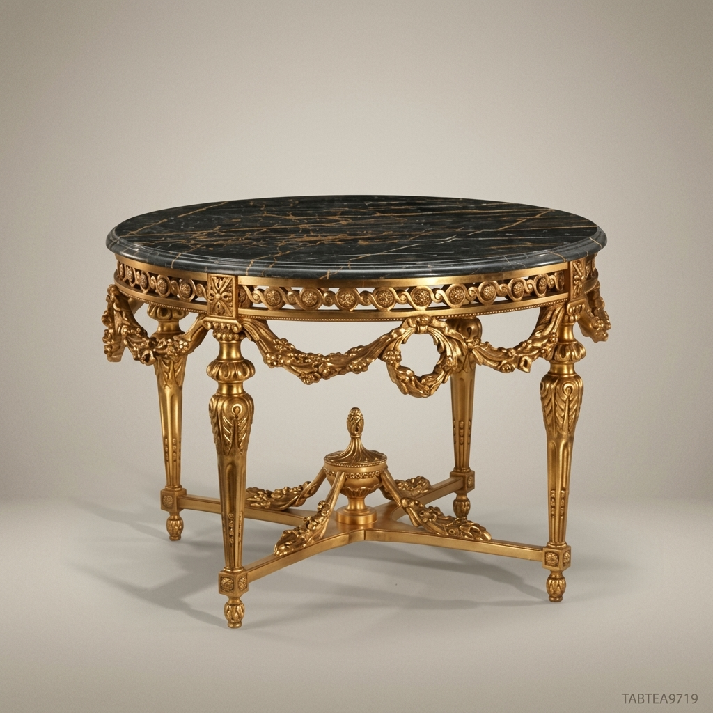 Louis XVI Neoclassical Round Centre Table – Gold Leaf & Portoro Marble