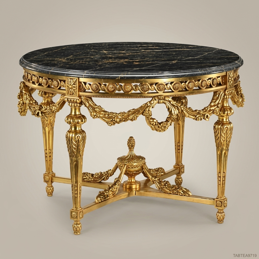 Louis XVI Neoclassical Round Centre Table – Gold Leaf & Portoro Marble