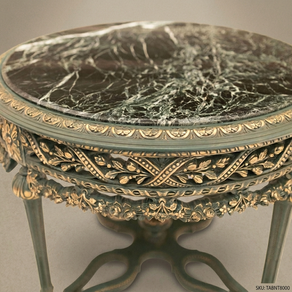 Louis XVI Neoclassical Round Centre Table — Green Marble & Sage Painted Frame with Antique Gold Carved Apron