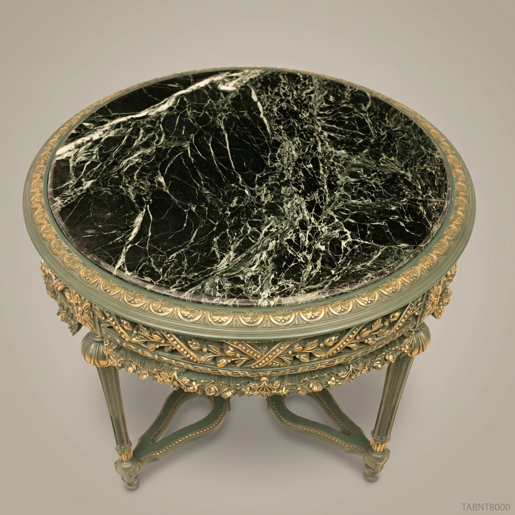 Louis XVI Neoclassical Round Centre Table — Green Marble & Sage Painted Frame with Antique Gold Carved Apron