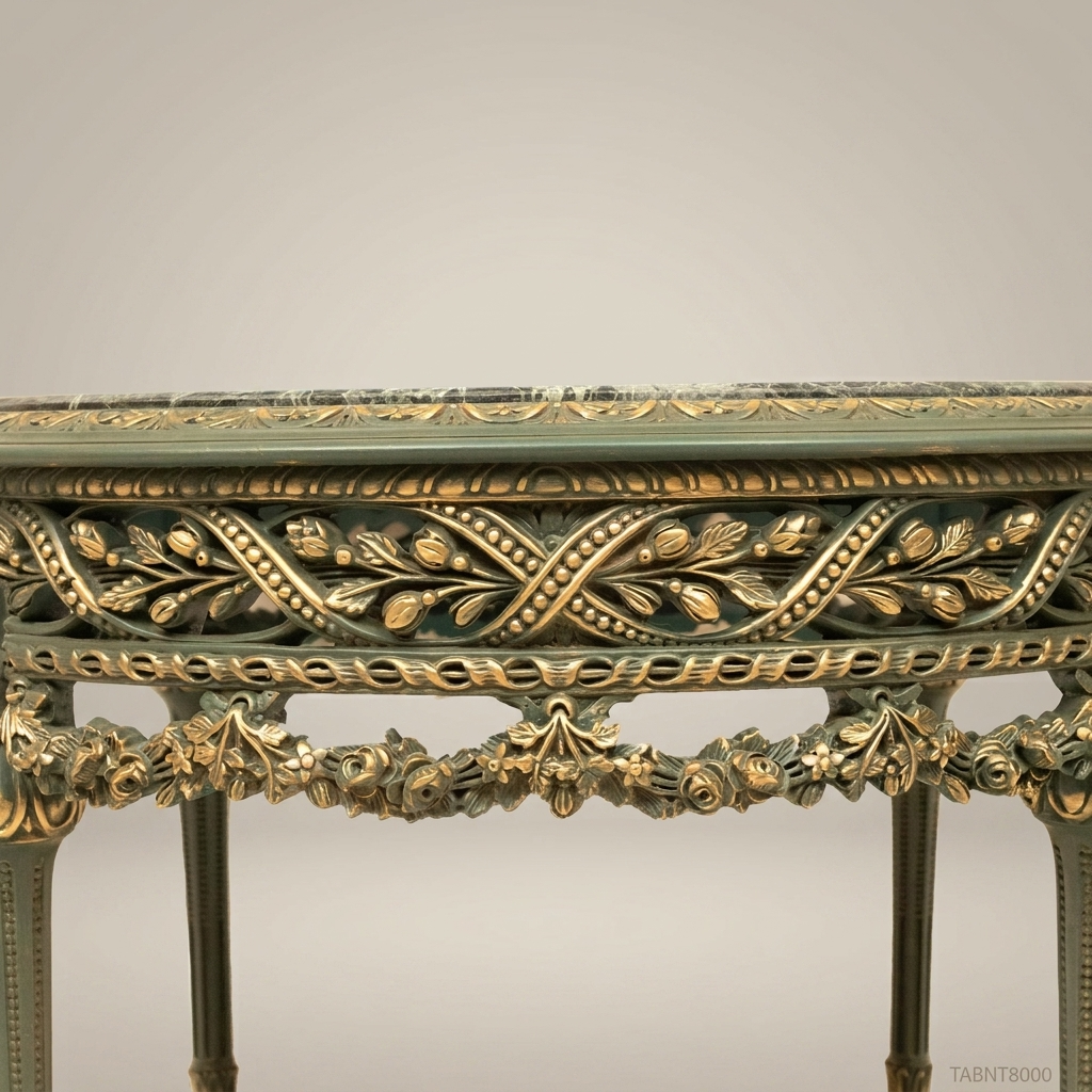 Louis XVI Neoclassical Round Centre Table — Green Marble & Sage Painted Frame with Antique Gold Carved Apron