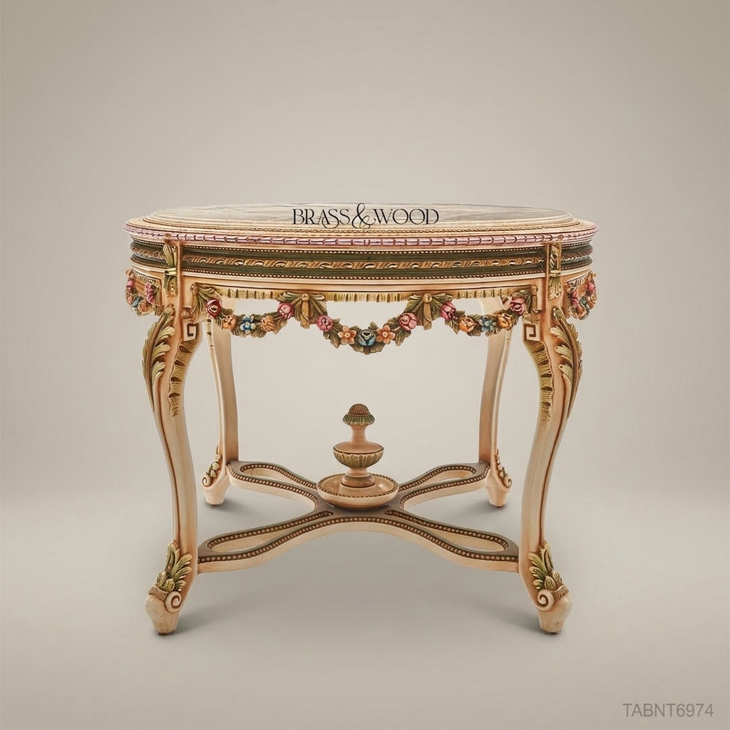 Louis XVI Neoclassical Round Centre Table with Polychrome Floral Garland Apron