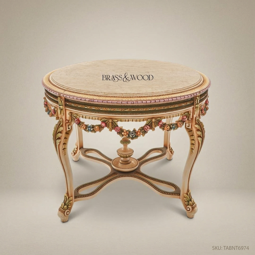 Louis XVI Neoclassical Round Centre Table with Polychrome Floral Garland Apron
