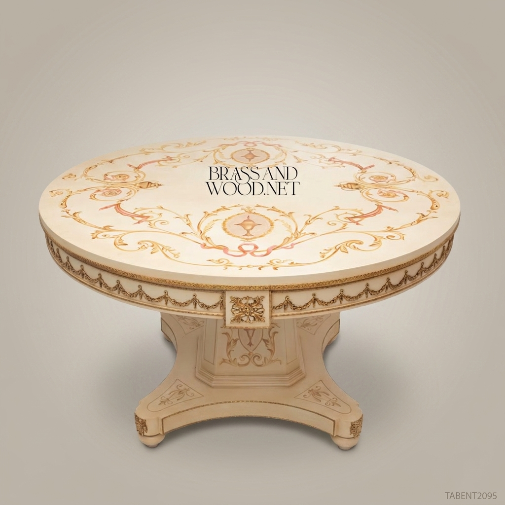 Louis XVI Neoclassical Round Entry Table — Ivory Painted Pedestal with Hand-Gilded Arabesques