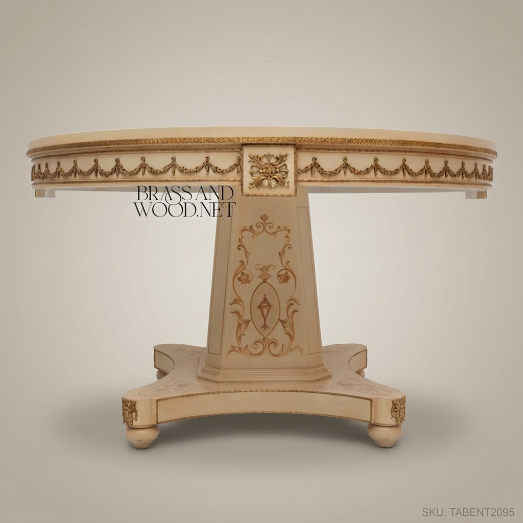 Louis XVI Neoclassical Round Entry Table — Ivory Painted Pedestal with Hand-Gilded Arabesques