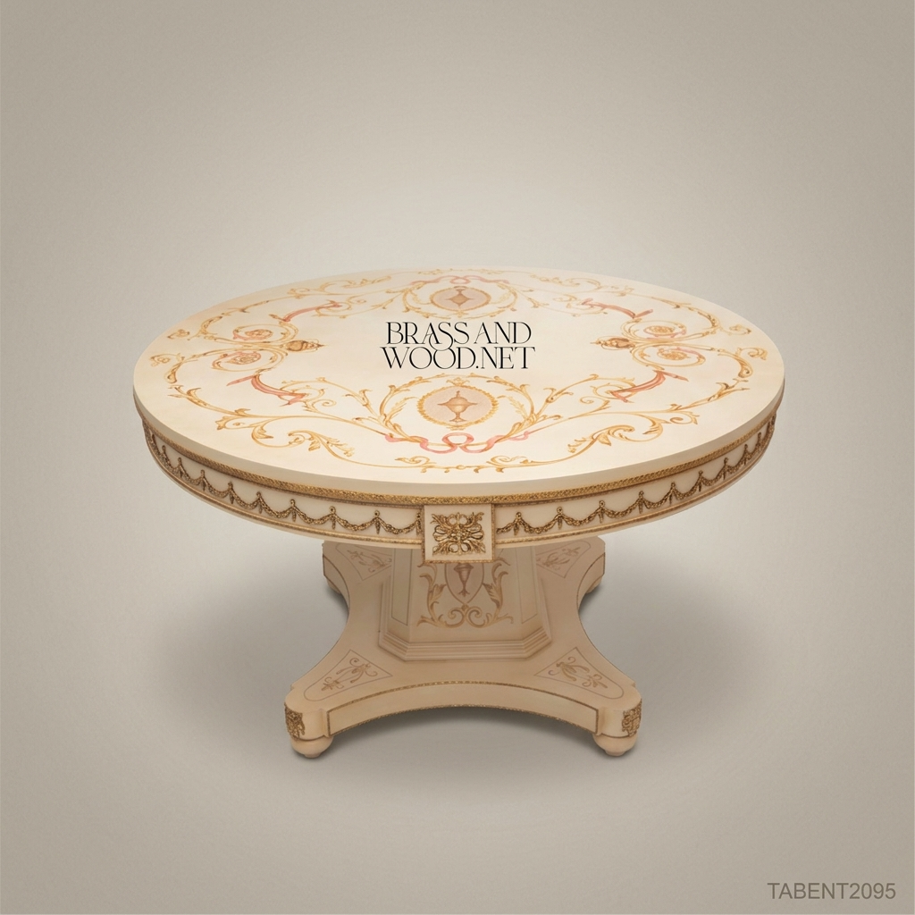 Louis XVI Neoclassical Round Entry Table — Ivory Painted Pedestal with Hand-Gilded Arabesques