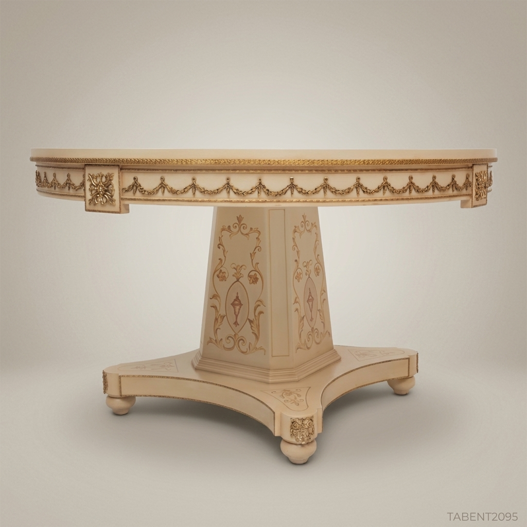 Louis XVI Neoclassical Round Entry Table — Ivory Painted Pedestal with Hand-Gilded Arabesques