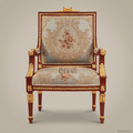 Louis XVI Neoclassical Solid Wood Fauteuil Gilt Acanthus Rope-Twist Moulding Floral Jacquard Upholstery Main View | Brass & Wood