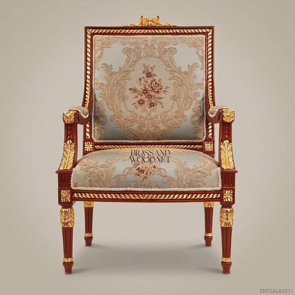 Louis XVI Neoclassical Solid Wood Fauteuil Gilt Acanthus Rope-Twist Moulding Floral Jacquard Upholstery Main View | Brass & Wood