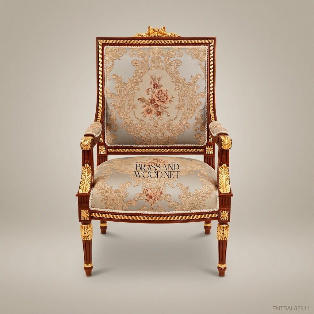 Louis XVI Neoclassical Solid Wood Fauteuil Gilt Acanthus Rope-Twist Moulding Floral Jacquard Upholstery View 2 | Brass & Wood