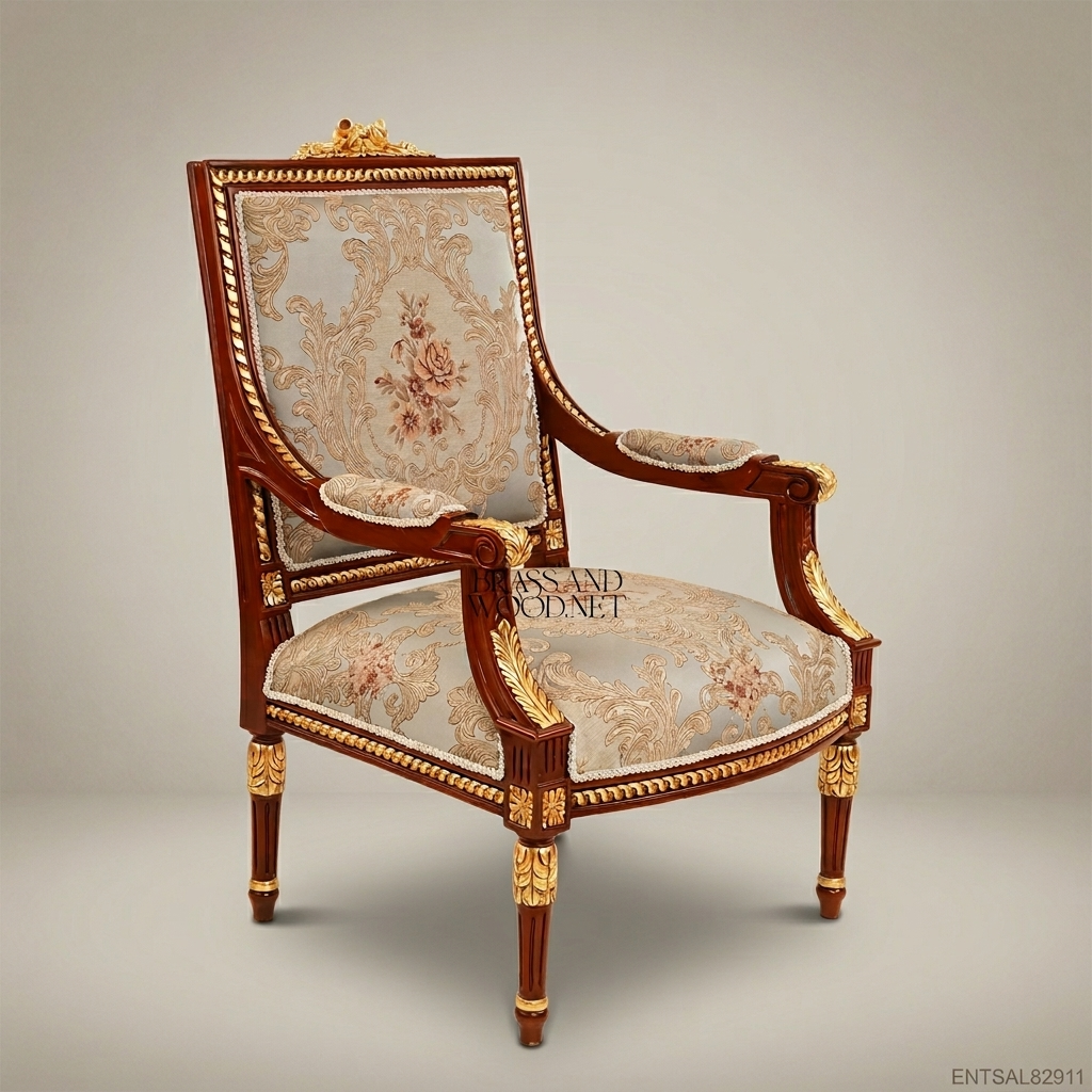 Louis XVI Neoclassical Solid Wood Fauteuil Gilt Acanthus Rope-Twist Moulding Floral Jacquard Upholstery View 3 | Brass & Wood