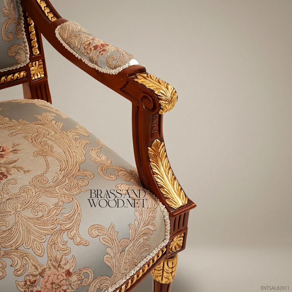 Louis XVI Neoclassical Solid Wood Fauteuil Gilt Acanthus Rope-Twist Moulding Floral Jacquard Upholstery View 5 | Brass & Wood