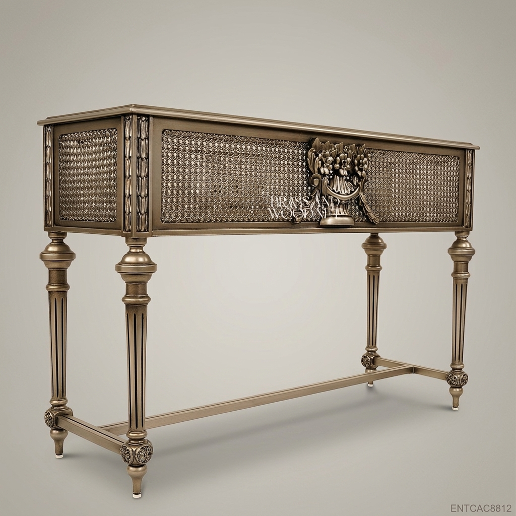 Louis XVI Neoclassical Cachepot Planter with Cane Panels & Floral Brass Medallion