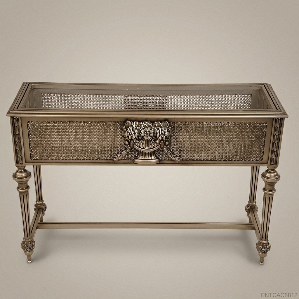 Louis XVI Neoclassical Cachepot Planter with Cane Panels & Floral Brass Medallion