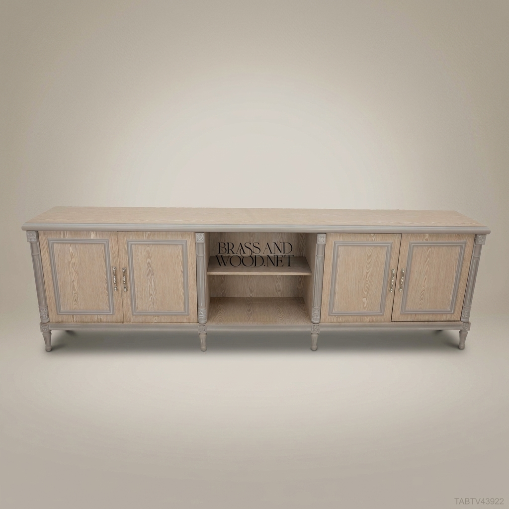 Louis XVI Neoclassical Solid Wood TV Console — Four-Door Open-Bay Design