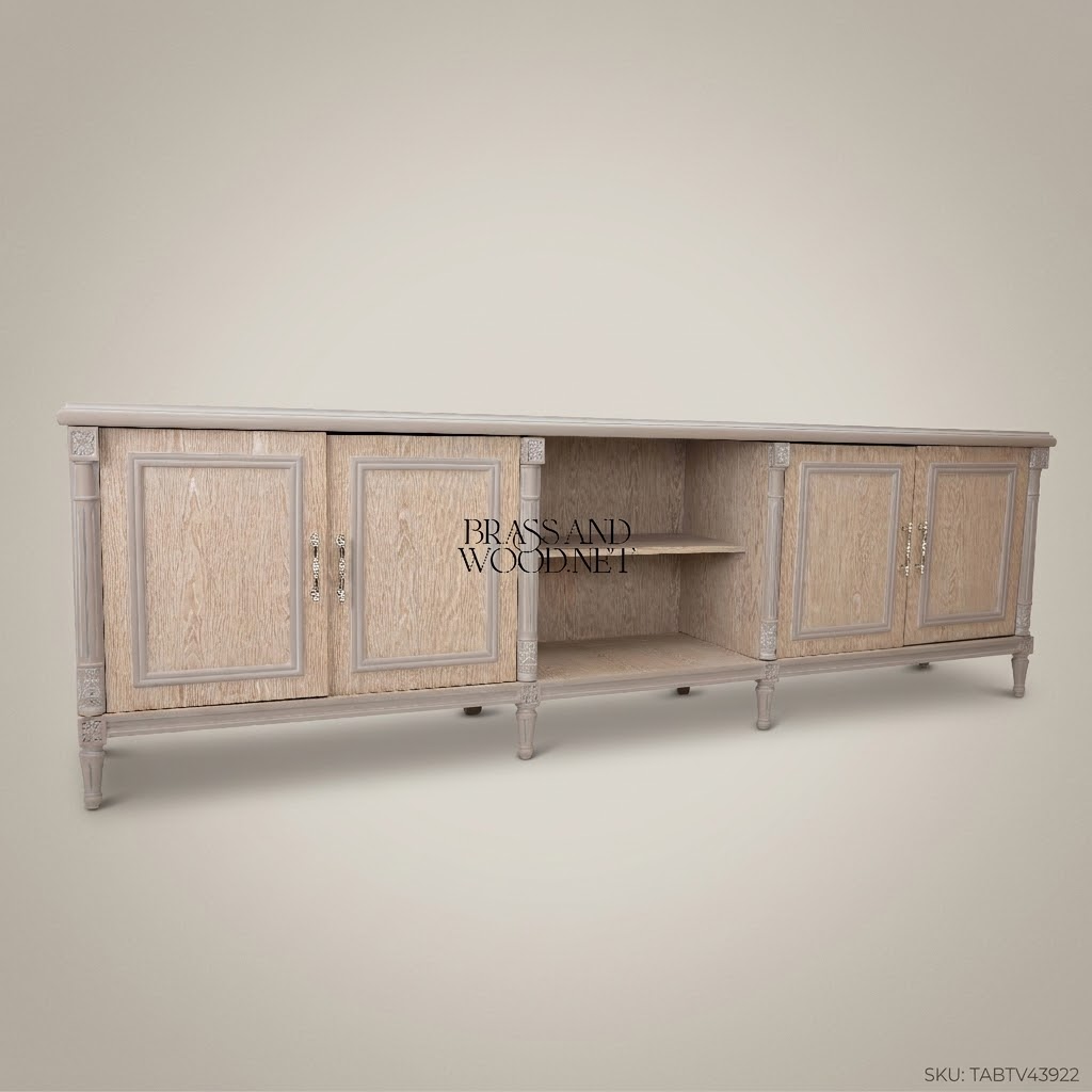 Louis XVI Neoclassical Solid Wood TV Console — Four-Door Open-Bay Design