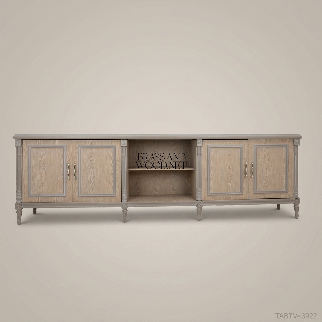 Louis XVI Neoclassical Solid Wood TV Console — Four-Door Open-Bay Design